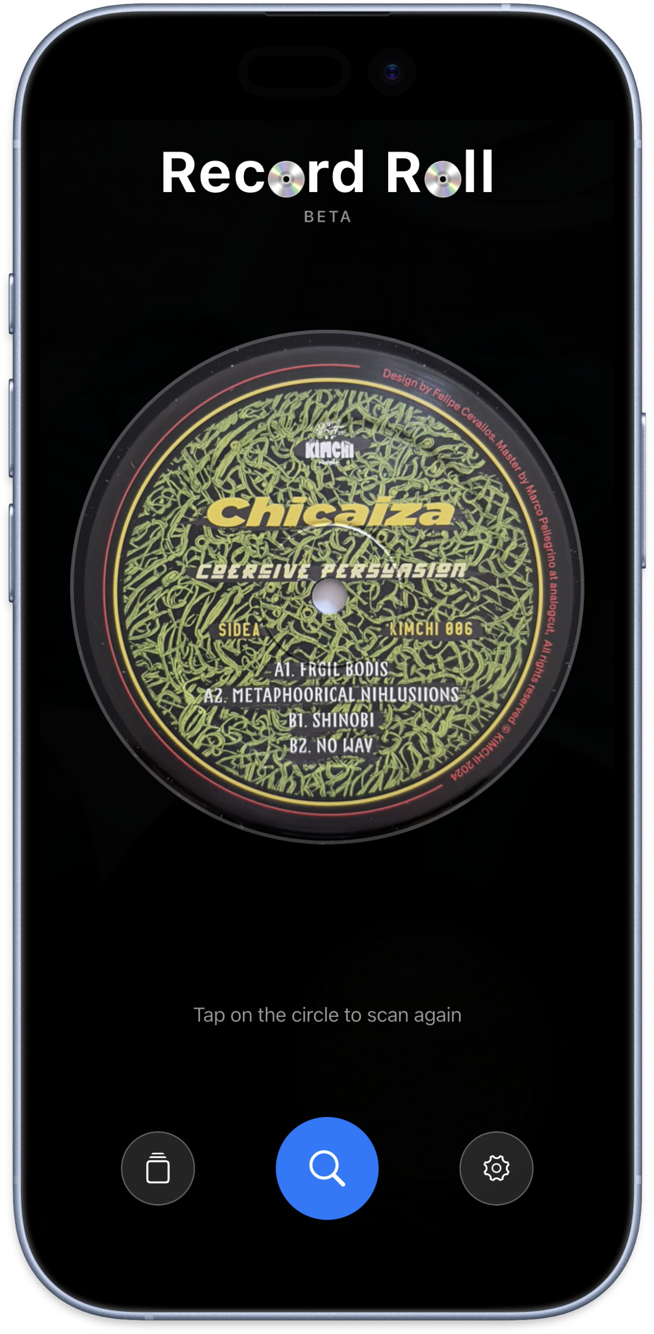 Record Roll — record identified, tap the circle to scan again